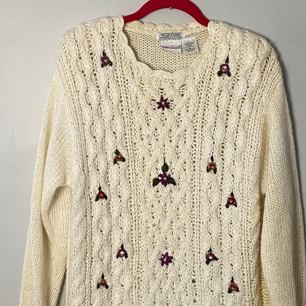 Vintage 90's Hand Knit Floral Tunic Sweater Cream Medium Cottagecore Grandmacore - Picture 2 of 7